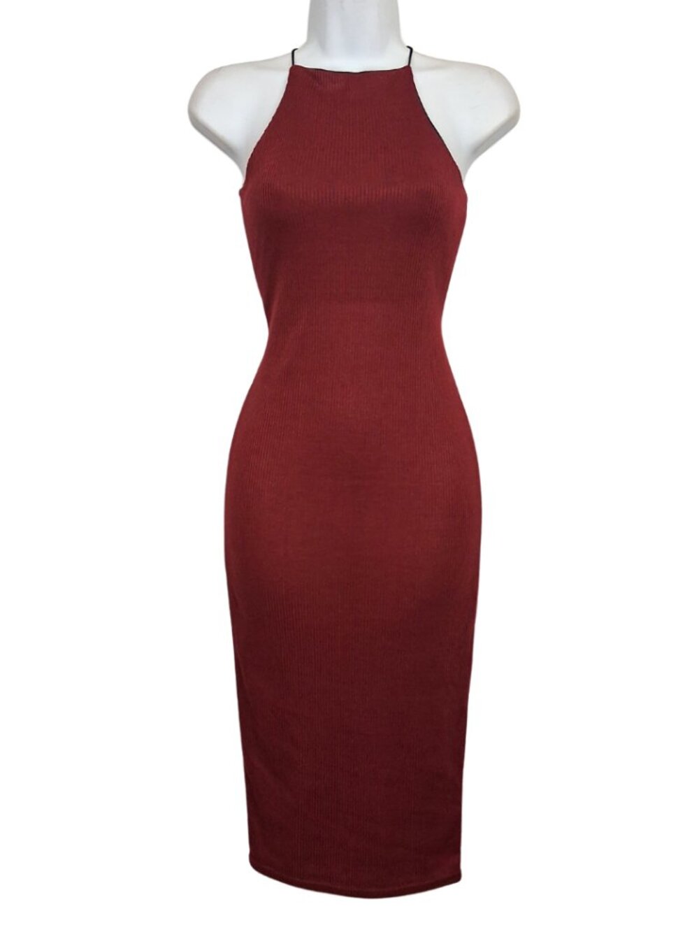 BOOHOO Sheath Dress Ribbed Halter Midi Stretchy 6 Small NEW